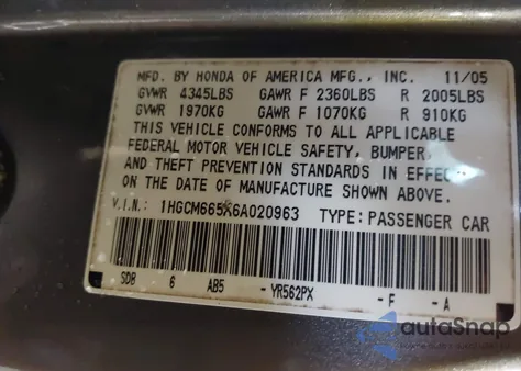 2006 Honda Accord 3.0 Ex z USA, uszkodzony, nr VIN 1HGCM665X6A020963